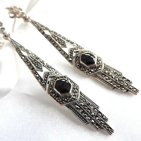 Vintage Art Deco Sterling Silver Jet & Marcasite Drop Earrings