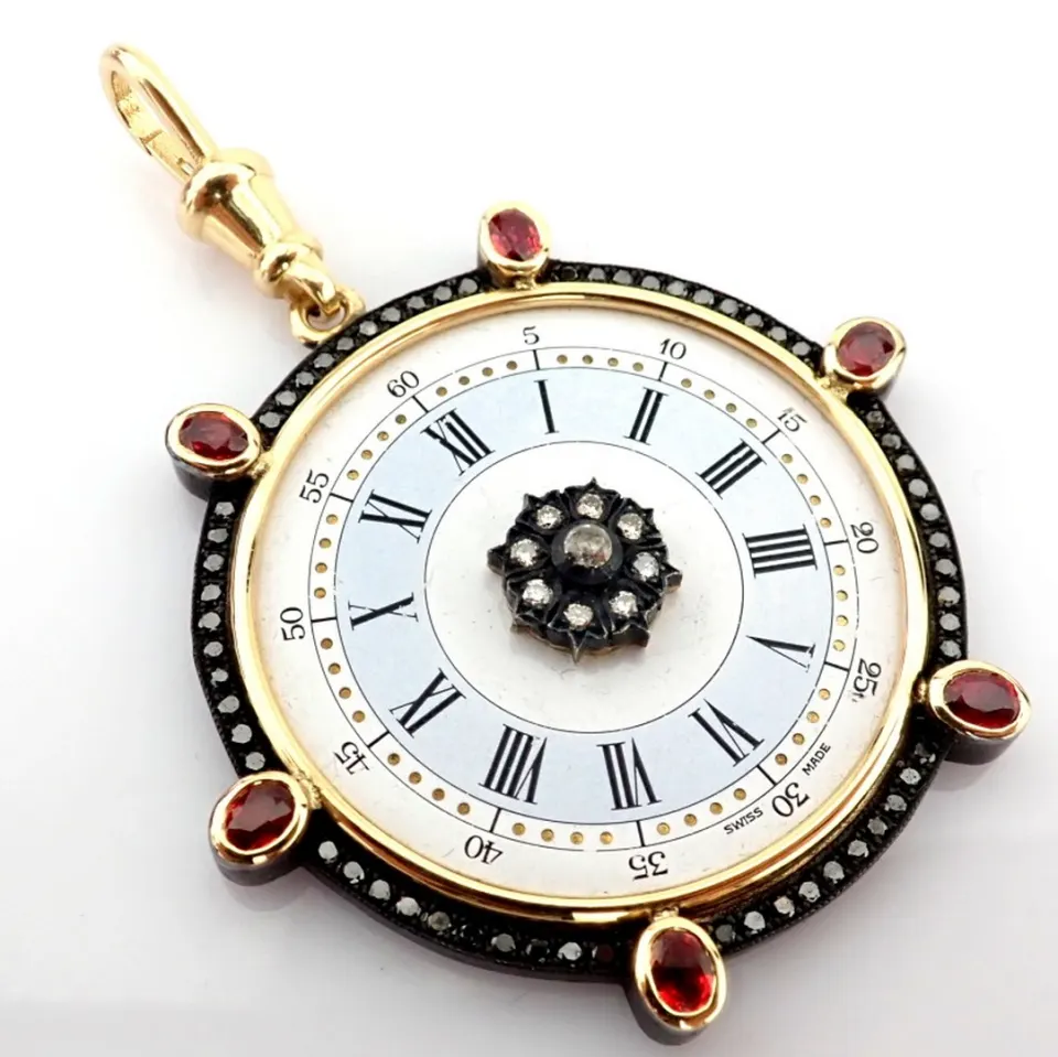 An Exquisite Pendant Made of Gold and Silver, Featuring An Antique Watch Dial Adorned With Precious