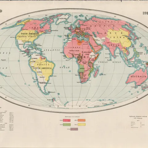 WW1 The World At War 1914-1918 Coloured Antique Detailed Map 1922.