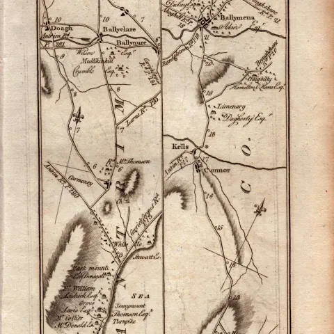 Ireland Rare Antique 1777 Map Belfast, Ballyclare, Kells Ballymena Ballymoney Ballycastle.