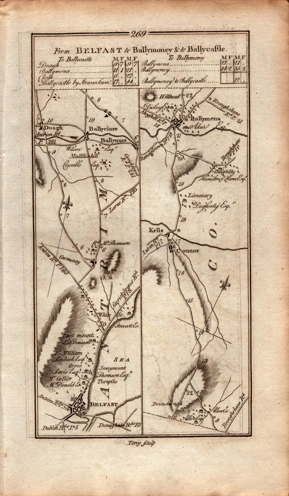 Ireland Rare Antique 1777 Map Belfast, Ballyclare, Kells Ballymena Ballymoney Ballycastle.