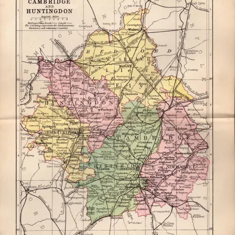 County Cambridgeshire 1895 Antique Victorian Coloured Map.