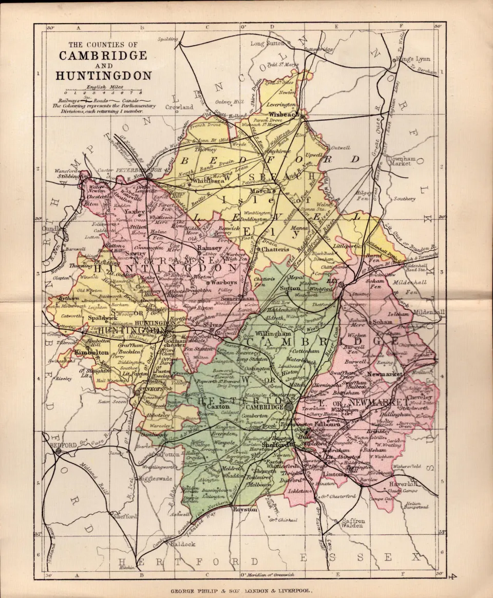 County Cambridgeshire 1895 Antique Victorian Coloured Map.