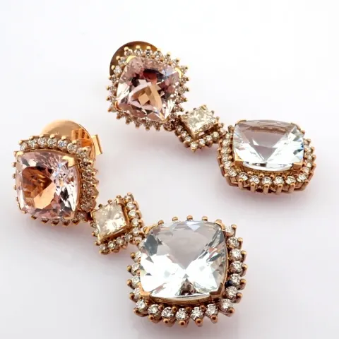 An exquisite earrings detailed with morganite, aquamarine,  brilliant diamonds and gold