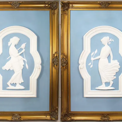Pair of Monumental British Art Deco Plaster Relief Panels in Gilt Frames, c.1930