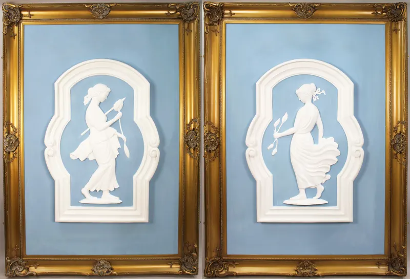 Pair of Monumental British Art Deco Plaster Relief Panels in Gilt Frames, c.1930