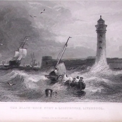 Liverpool Black Rock Lighthouse Antique 195 Years-Old Steel-Engraving-42