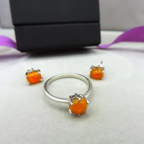  Sterling Silver Cabochon Opal Ring & Earrings Set New With Gift Box