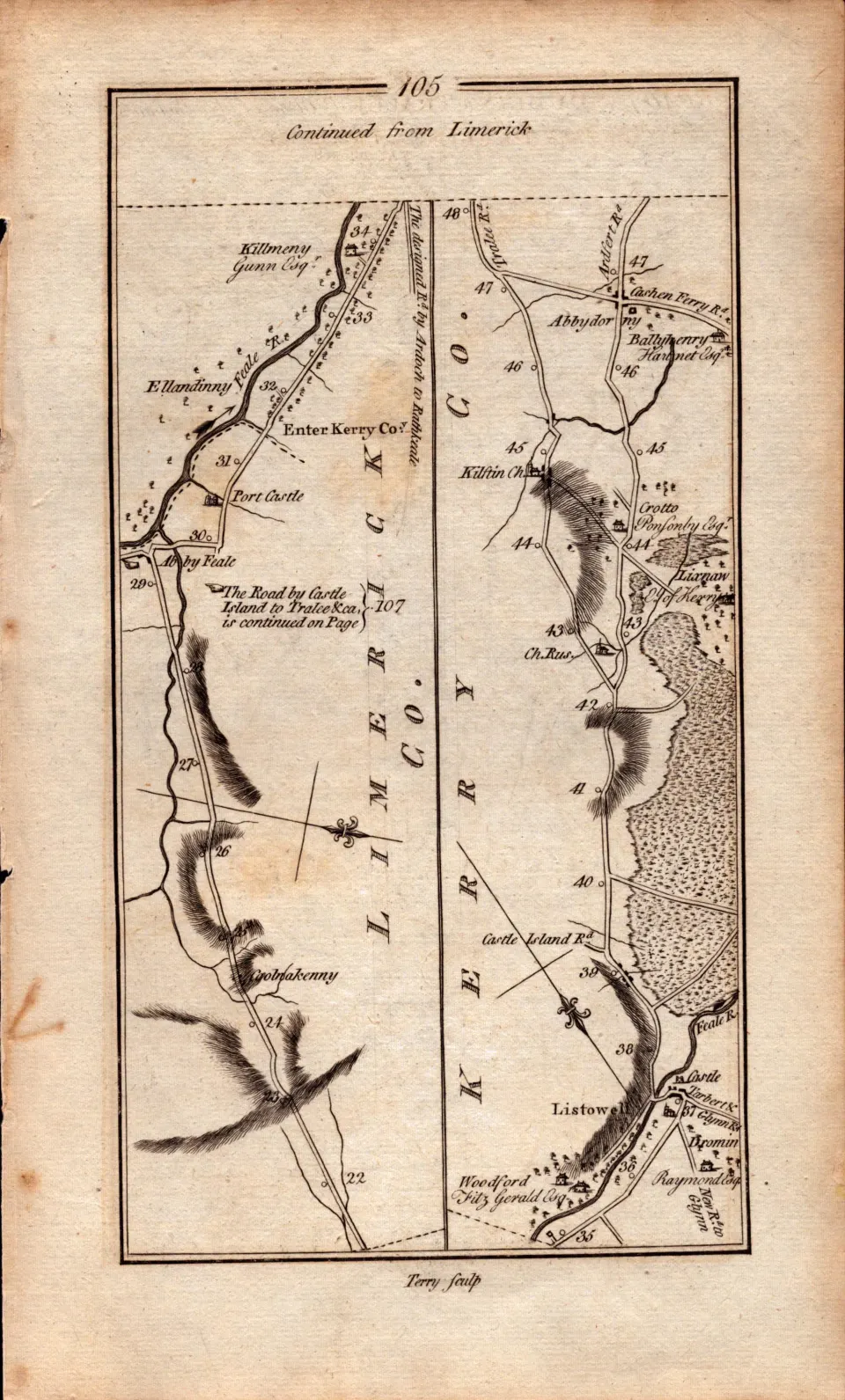 Ireland Rare Antique 1777 Map Road From Dublin To Tralee & Dingle.