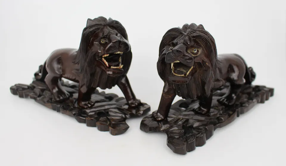 Pair of Antique African Carved Ironwood Lions c.1900