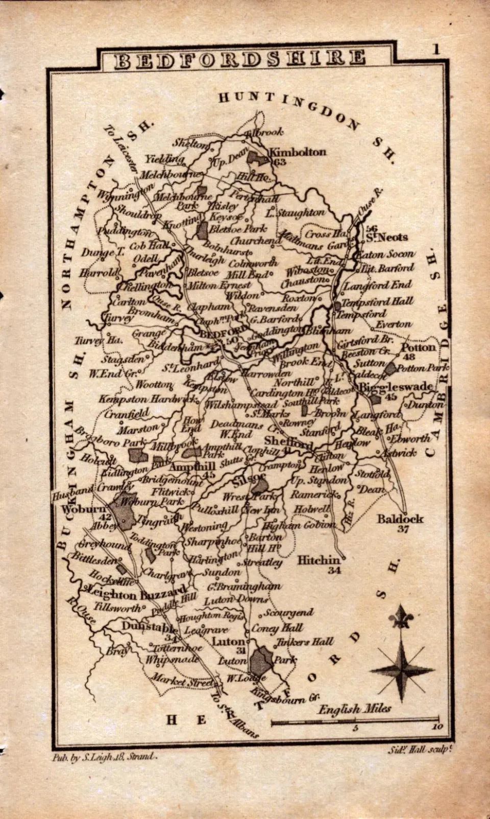Bedfordshire Antique Copper Engraved George IV Map by Sidney Hall.