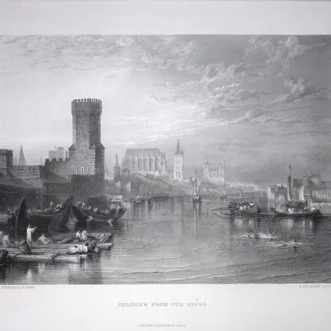 J.M.W Turner Cologne Germany From The River, Antique Steel Engraving-63-TR