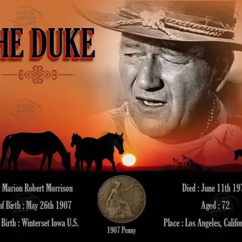 John Wayne The Duke Original 1907 Birth Penny Info Metal Coin Gift Set