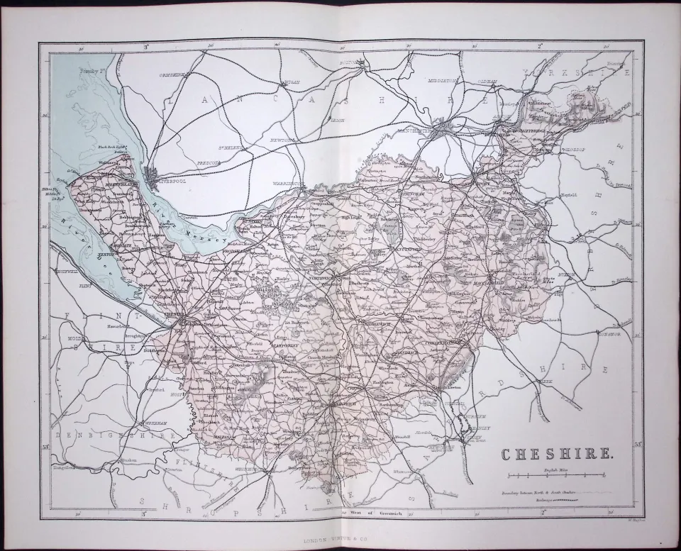 County Cheshire 150 Years-Old 1875 Coloured Detailed Antique 1875 Map-32