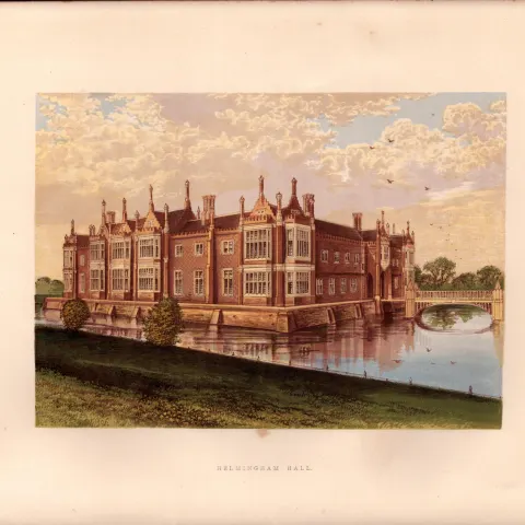 Helmingham Hall Suffolk Gilt-Edge Coloured Antique Book Plate.