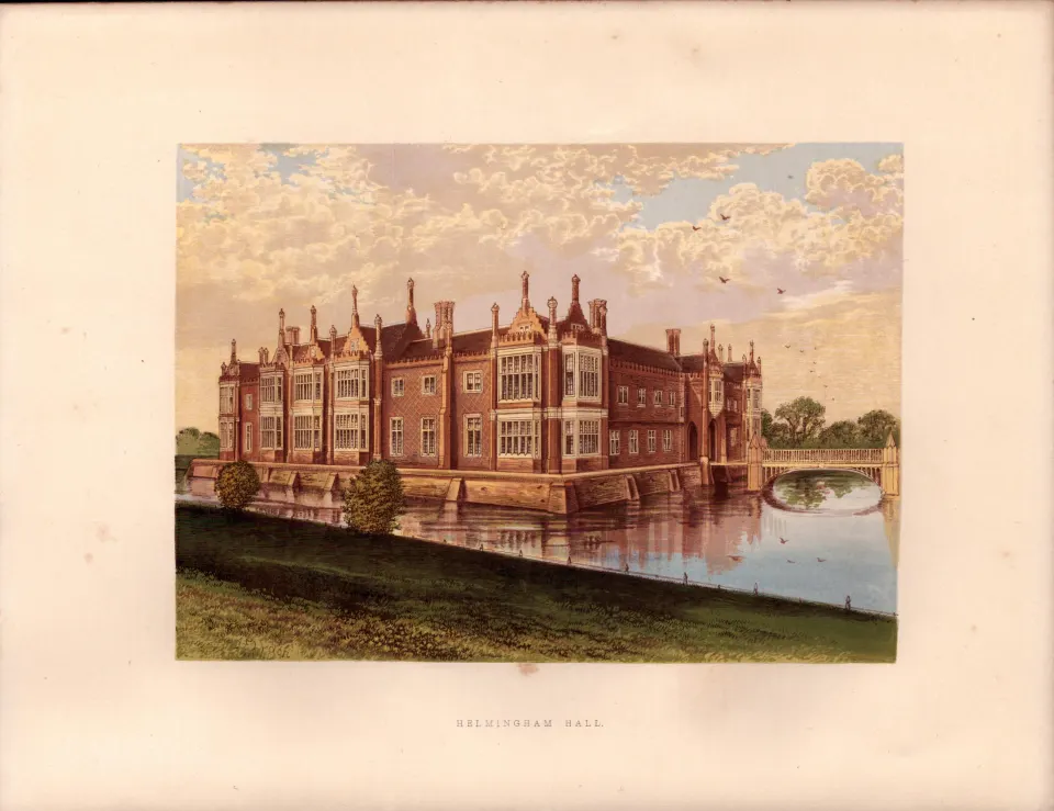 Helmingham Hall Suffolk Gilt-Edge Coloured Antique Book Plate.