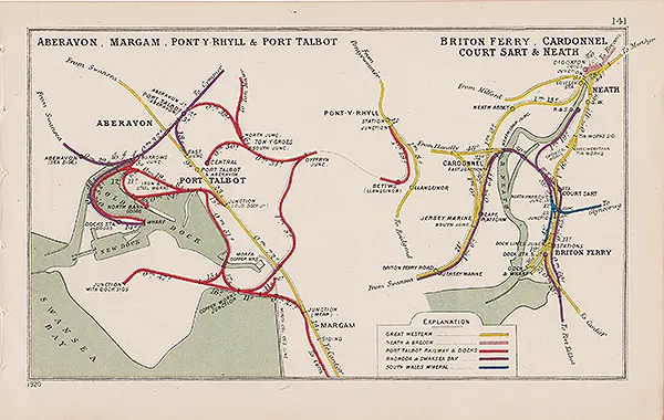Aberavon Margam Pont y Rhyll & Port Talbot Wales Antique Railway Junction Map-141.