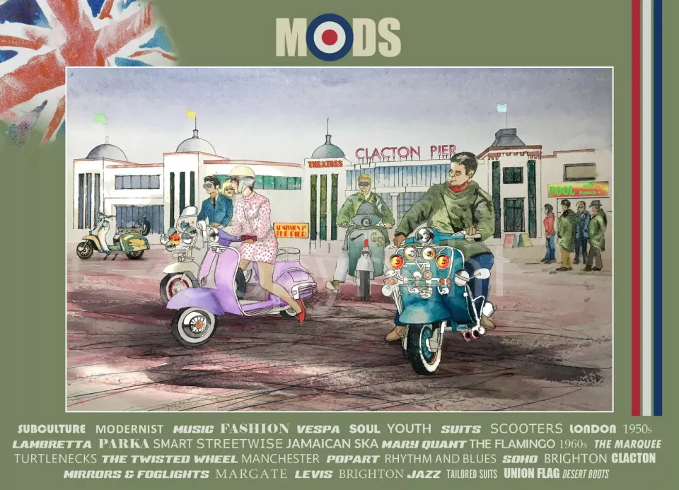 Mod Gathering Clacton Pier Nostalgic 1960's Scene Extra Large Metal Wall Art