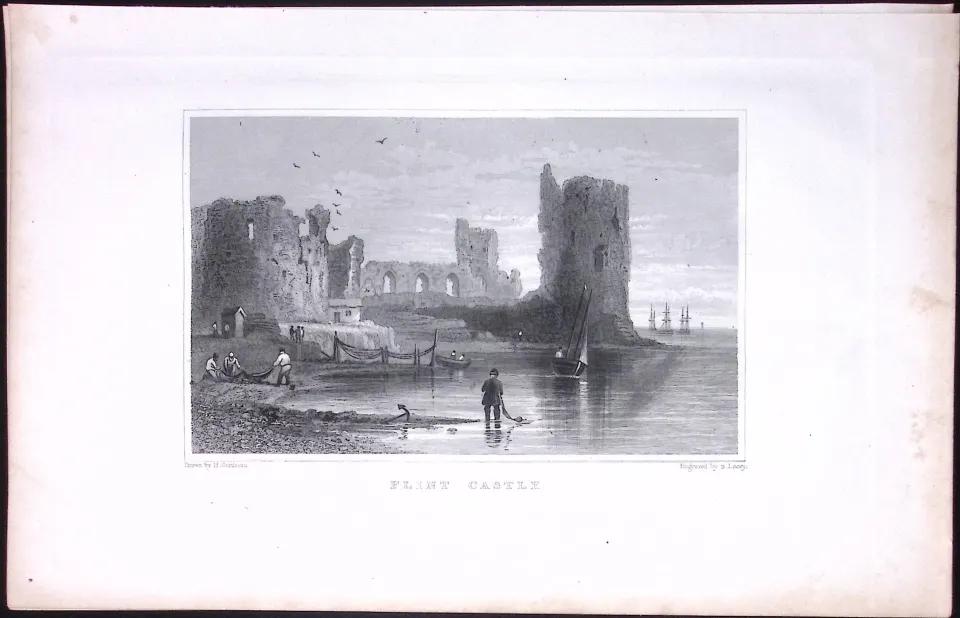 Wales-Flint Castle Antique 166-Year-Old  Steel Engraving-15