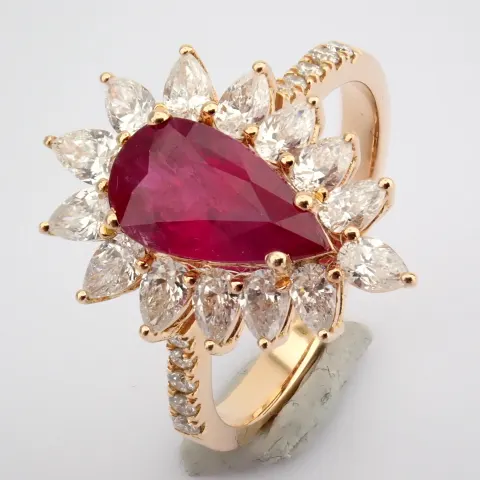 18k Rose Gold Cluster Ring, Detailed With Ruby, Pear and Brilliant Cut Diamonds. Total 2.93ct