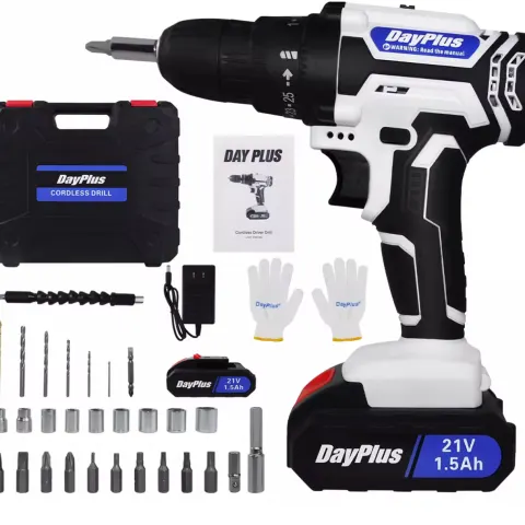DayPlus 21V Portable Cordless Power Drill Set Impact Screw Driver With 2x Li-Ion Battery Accessories