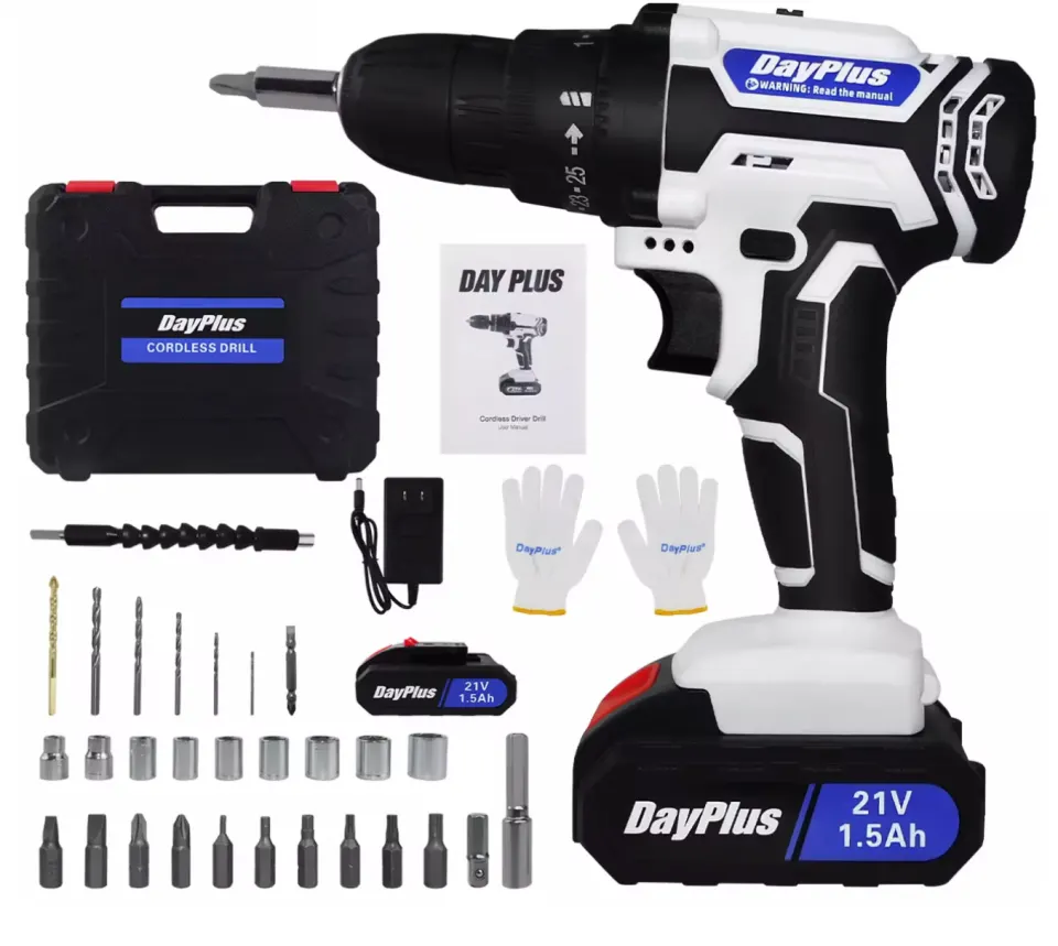 DayPlus 21V Portable Cordless Power Drill Set Impact Screw Driver With 2x Li-Ion Battery Accessories