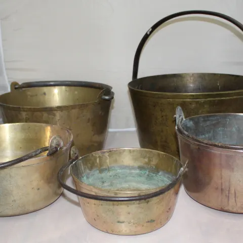 Set of 5 Early Antique English Handled Jam Kettles