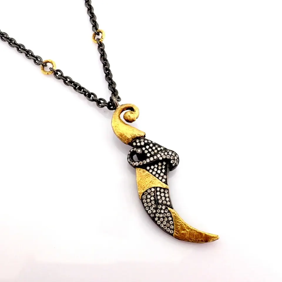 18K Yellow Gold Sword Necklace Detailed With Brilliant Diamonds and On Silver