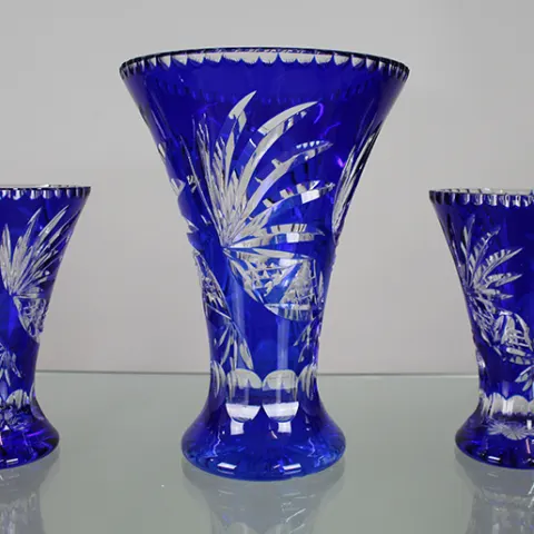 Fine Vintage Cobalt Blue Overlay Crystal Trio of Vases