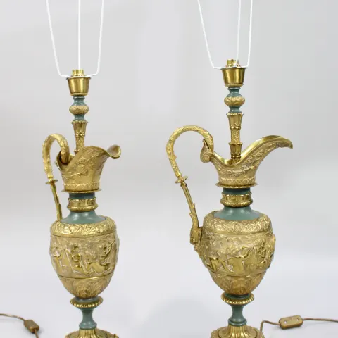 Pair of Antique Ormolu Ewer Form Table Lamps