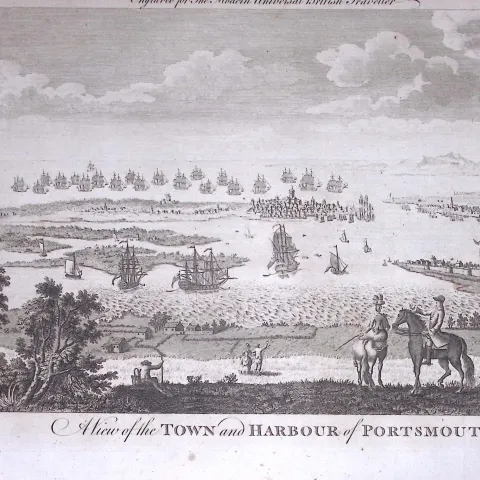 Portsmouth Town & Harbour Rare 247-Year-Old Antique Copperplate Engraving-66-TR