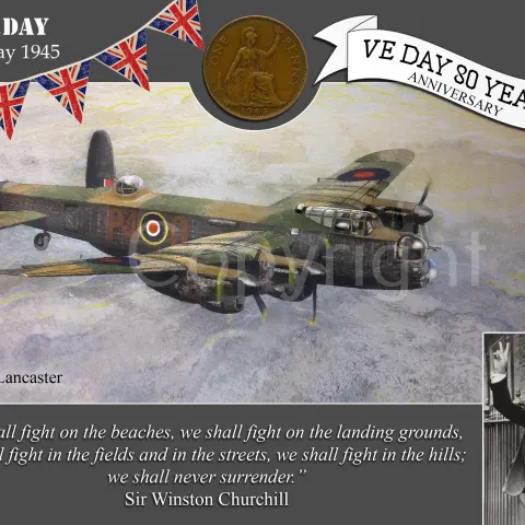 VE Day 80th Anniversary Designed Metal Art Coin Display Avro Lancaster