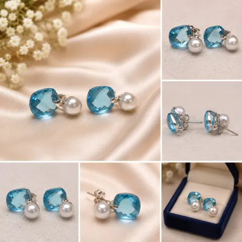 Natural Blue Topaz & Pearl Earrings