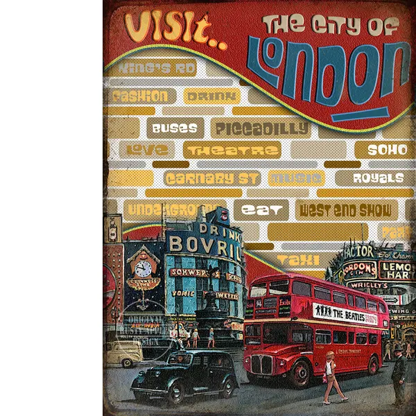 London Swinging Sixties Extra Large Nostalgic Buses Metal Wall Art