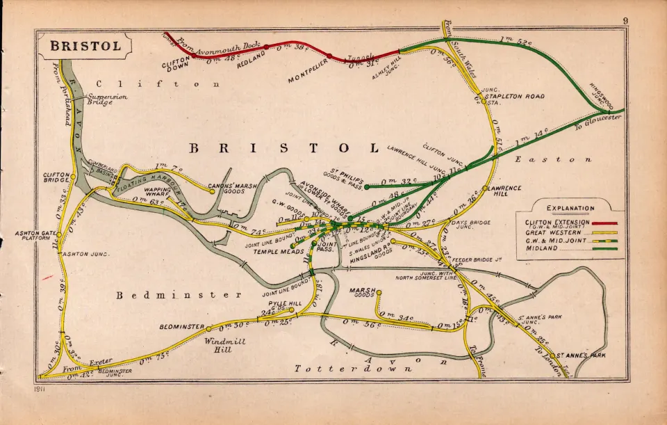 Bristol, Clifton, Bedminster, Marsh Antique Detailed Railway Diagram-9.