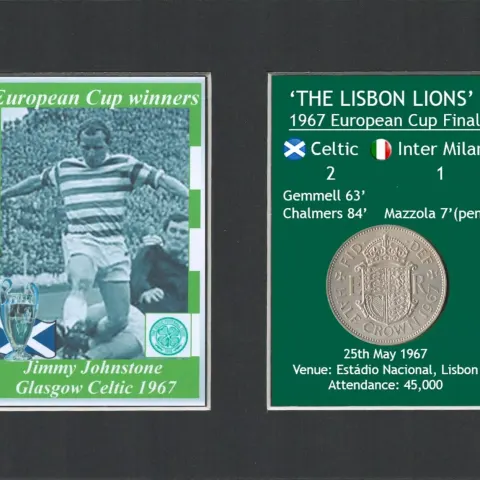 Jimmy Johnson Celtic FC European Cup Mount & 57 Year-Old 1967 Coin Set.