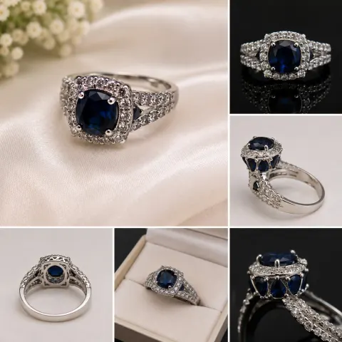 Blue Gemstone Halo Statement Ring - Size 18