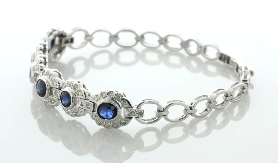 14ct White Gold Oval Cluster Diamond And Sapphire Bracelet (S1.90) 1.48 Carats