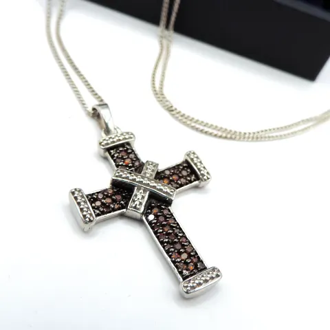 Cognac Diamond Cross Necklace In Sterling Silver New With Gift Box