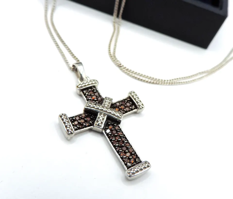 Cognac Diamond Cross Necklace In Sterling Silver New With Gift Box