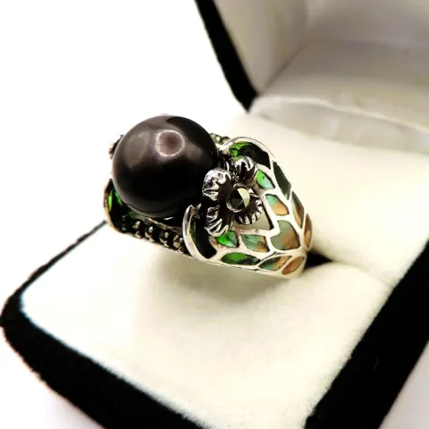Sterling Silver Tahitian Cultured Pearl Plique-à-jour Ring New with Gift Box
