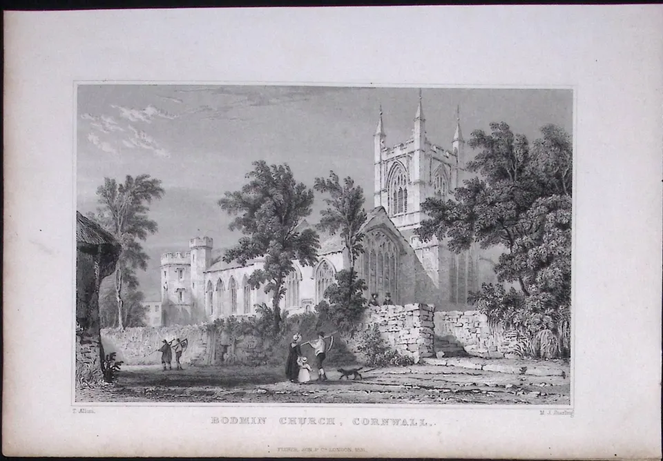 Cornwall Bodmin Church Antique 193 Years-Old Steel-Engraving-9