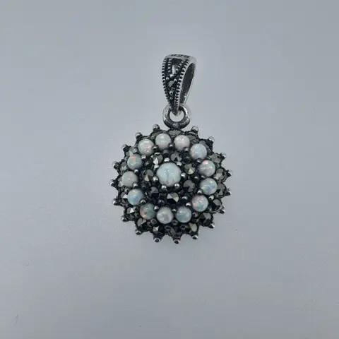 Silver Pendant Set With Synthetic Opal and Faceted Marcasite Stones