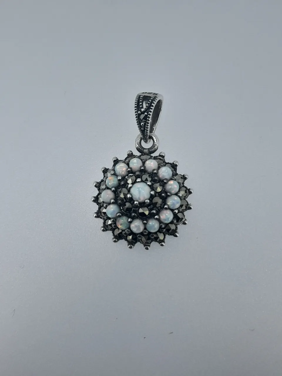 Silver Pendant Set With Synthetic Opal and Faceted Marcasite Stones