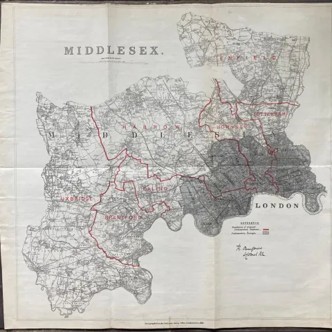Antique 139 Years-Old Large Scarce Map County of Middlesex 1885 Boundary Changes.