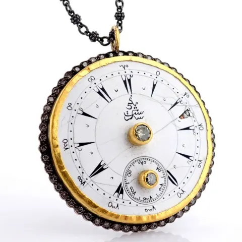 An Exquisite Necklace Made of Gold and Silver, Featuring An Antique Watch Dial Adorned With Diamonds