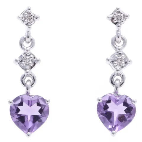 9ct White Gold Amethyst Heart Shape Diamond Earrings