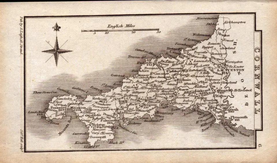 Cornwall Antique Copper Engraved George IV  Map by Sidney Hall.