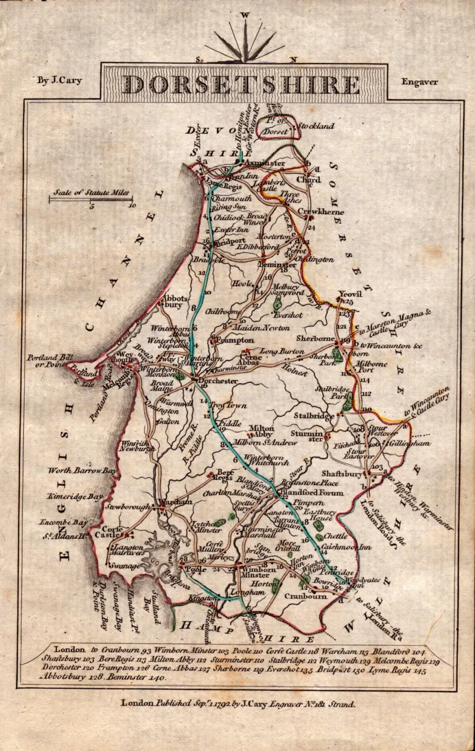 Dorsetshire John Cary’s 1792 Antique Coloured Engraved Map.
