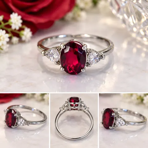Silver Tone Ring with Oval Red Gemstone and Clear Side Stones